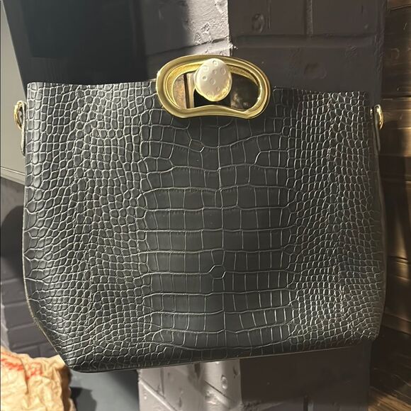 Black Reptile Textured Purse with Good Tone Top Handles Bag - Picture 1 of 7